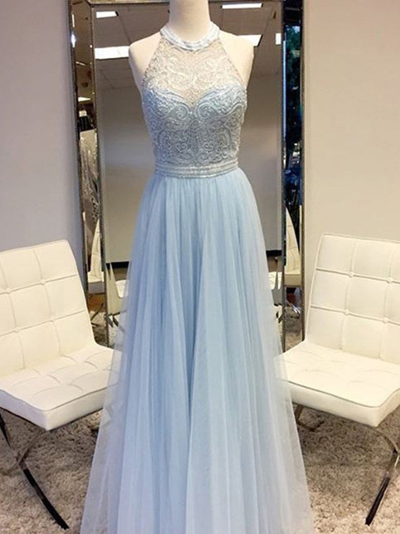 light blue halter prom dress