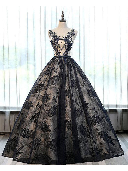Ball Gown Prom Dresses Scoop Floor-length Long Lace Prom Dress Black E ...