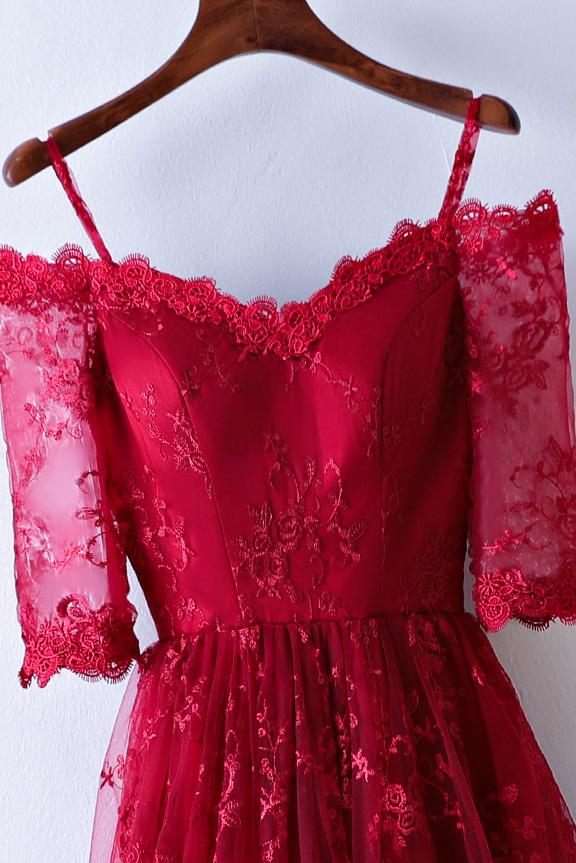Burgundy Prom Dresses Off-the-shoulder A-line Sexy Prom Dress Lace Eve ...