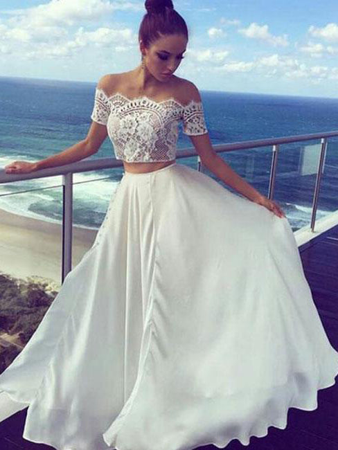  Two  Piece  Prom  Dresses  Off the shoulder A line Lace Prom  