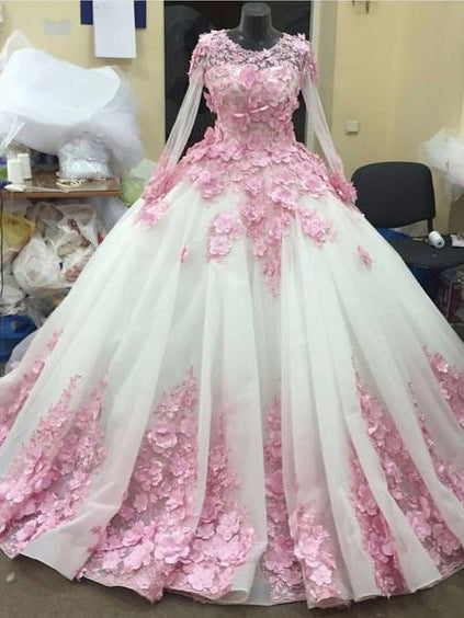 Ball Gown Prom Dresses Long Sleeve Lace Pink Floral Luxury Long Prom D ...