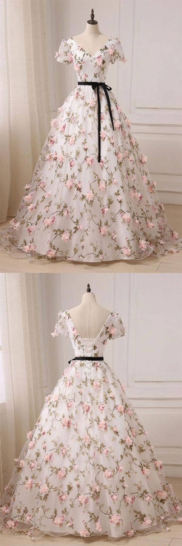 Ball Gown Prom Dresses V Neck Floor Length Floral Long Lace Prom Dress Anna Promdress 2387