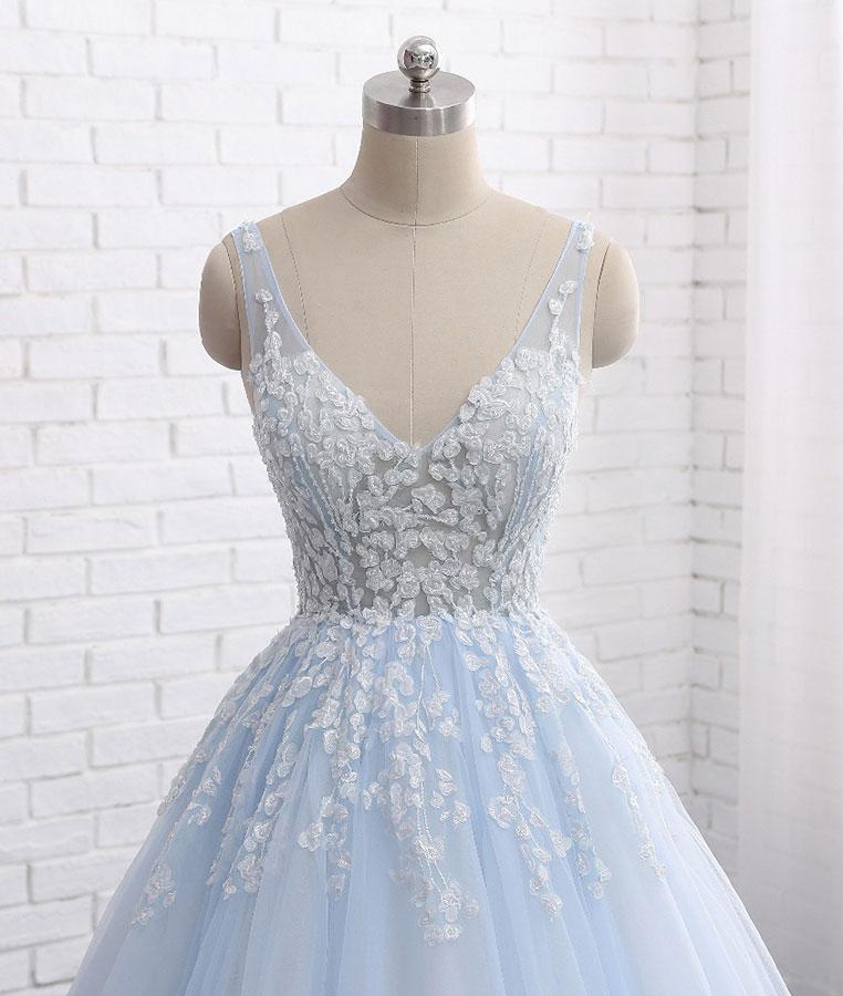 Ball Gown Prom Dresses V-neck Appliques Brush Train Long Prom Dress Se ...