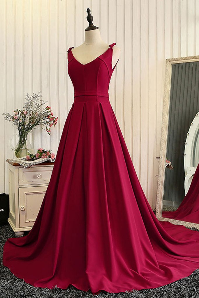 Burgundy Prom Dresses A Line V Neck Sweep Train Lace Up Long Prom Dres Anna Promdress 