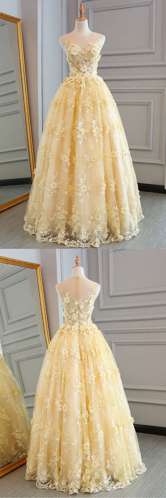 Long Prom Dresses Scoop A Line Floor Length Lace Sexy Yellow Prom Dres