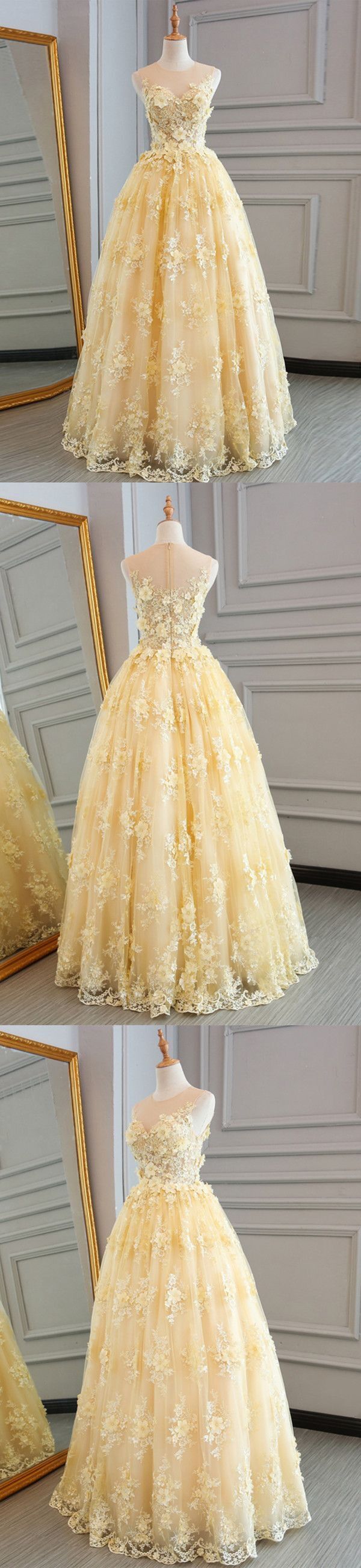 Long Prom Dresses Scoop A-line Floor-length Lace Sexy Yellow Prom Dres ...