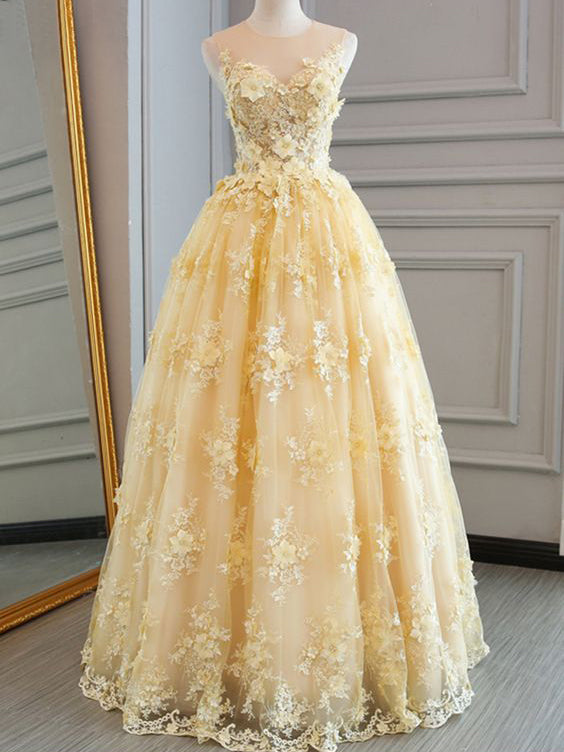 Long Prom Dresses Scoop A Line Floor Length Lace Sexy Yellow Prom Dres Anna Promdress 