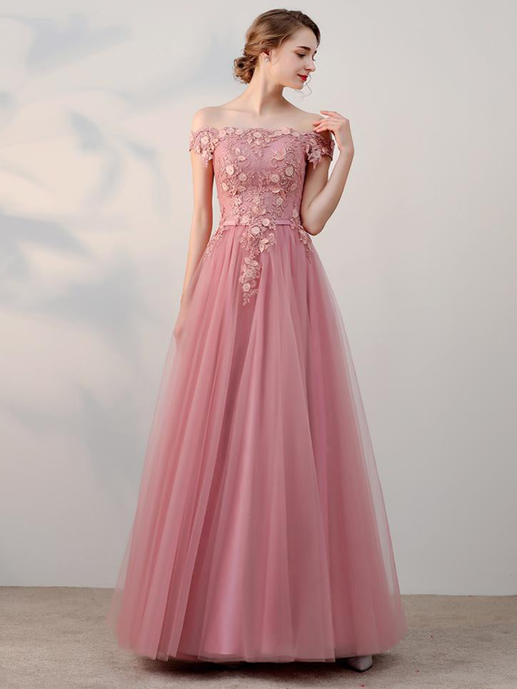 Modest Prom Dresses Off The Shoulder Appliques A Line Long Tulle Prom Anna Promdress 