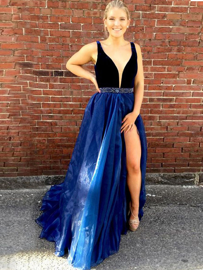 royal blue rhinestone prom dress