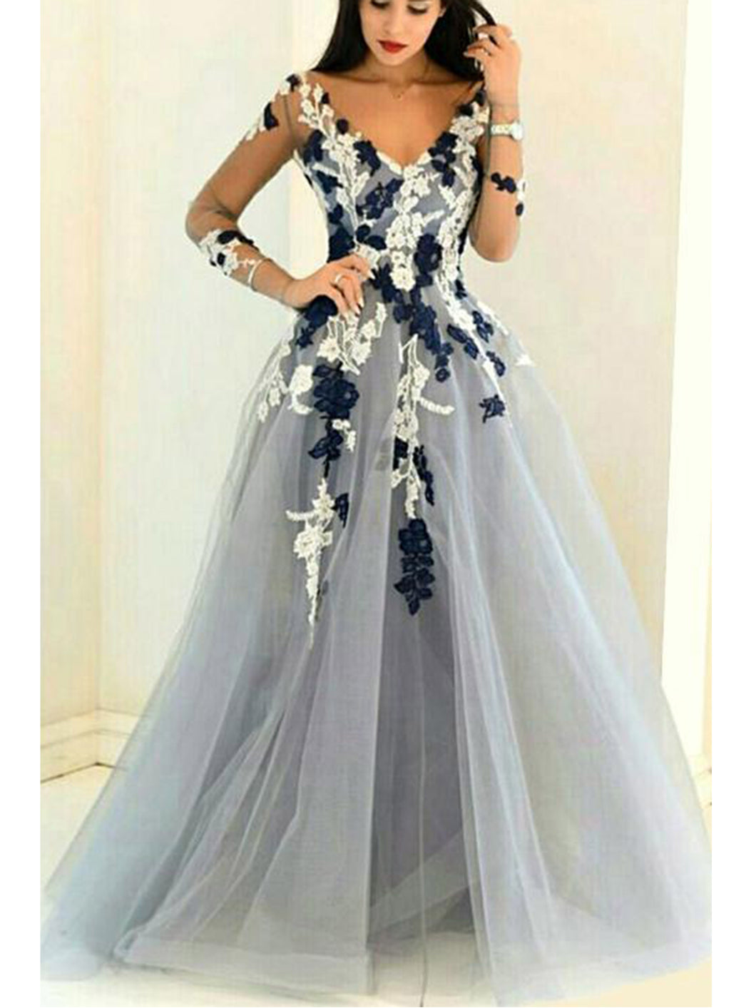 Sexy Prom Dresses V Neck Aline Floor Length Grey Beautiful Long