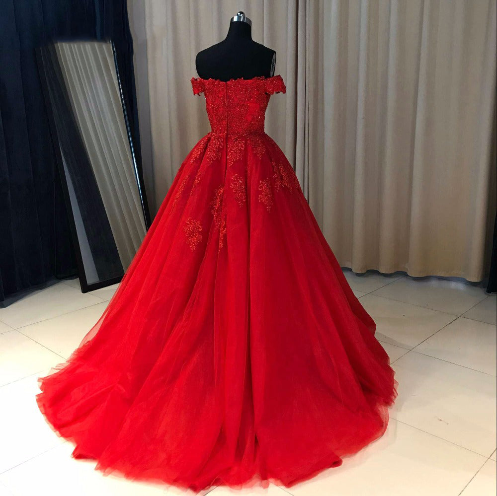 Ball Cown Prom Dresses Off-the-shoulder Sweep Train Long Red Prom Dres ...