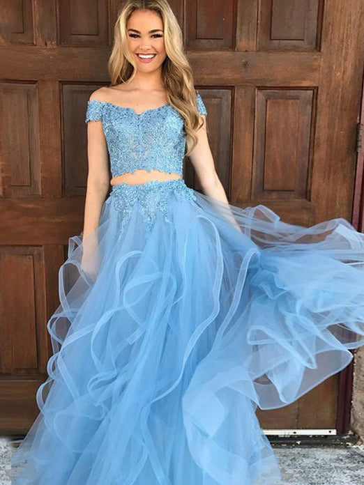 Sexy Prom Dresses Two Piece A-line Off-the-shoulder Long Prom Dress Ch ...