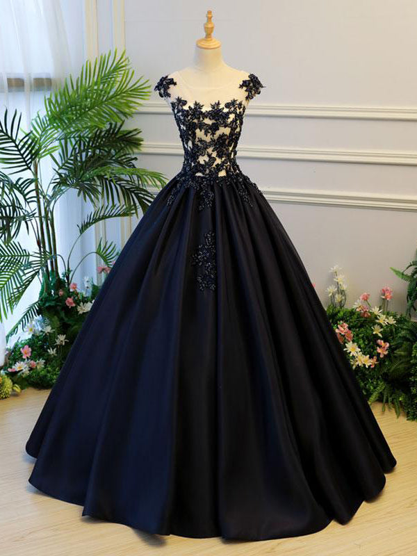 Ball Gown Prom Dresses Scoop Lace-up Black Floor-length Satin Long Pro ...