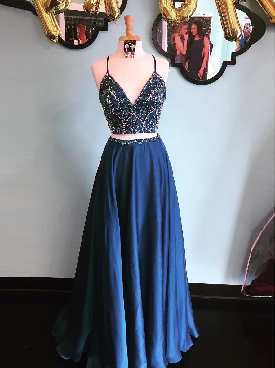 Two Piece Prom Dresses Spaghetti Straps Rhinestone Long Chiffon Prom D Anna Promdress 