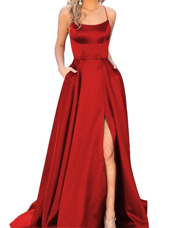 Slit Prom Dresses A Line Sweep Train Sexy Simple Long Burgundy Cheap P Anna Promdress 