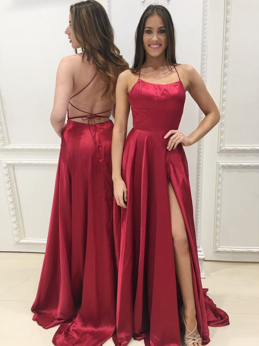 Slit Prom Dresses A Line Sweep Train Sexy Simple Long Burgundy Cheap P Anna Promdress 