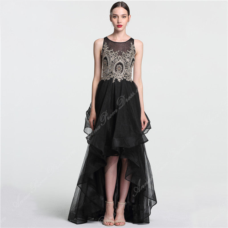 Black Prom Dresses Scoop A line Appliques Floor-length High Low Long P ...