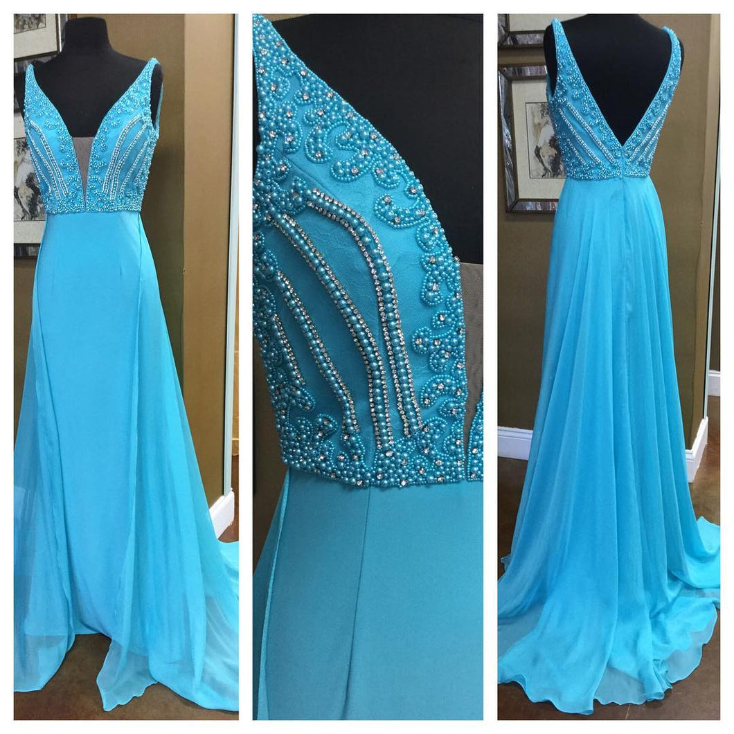 Sexy Prom Dresses Straps Short Train Beading Long Prom Dress Sexy Even Anna Promdress 0831