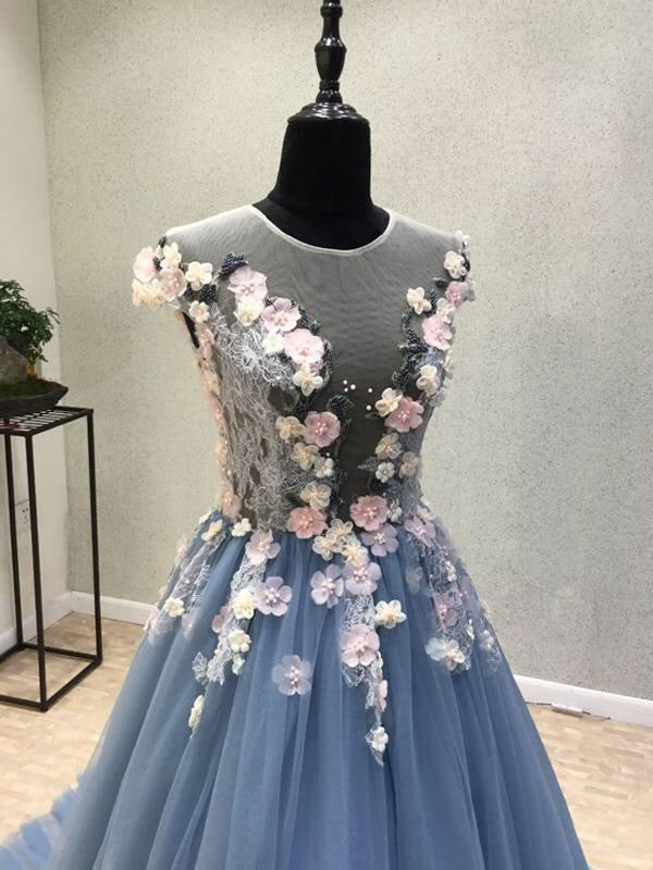 Beautiful Prom Dresses Scoop Aline Sweep Train Lace Hand-Made Flower C ...