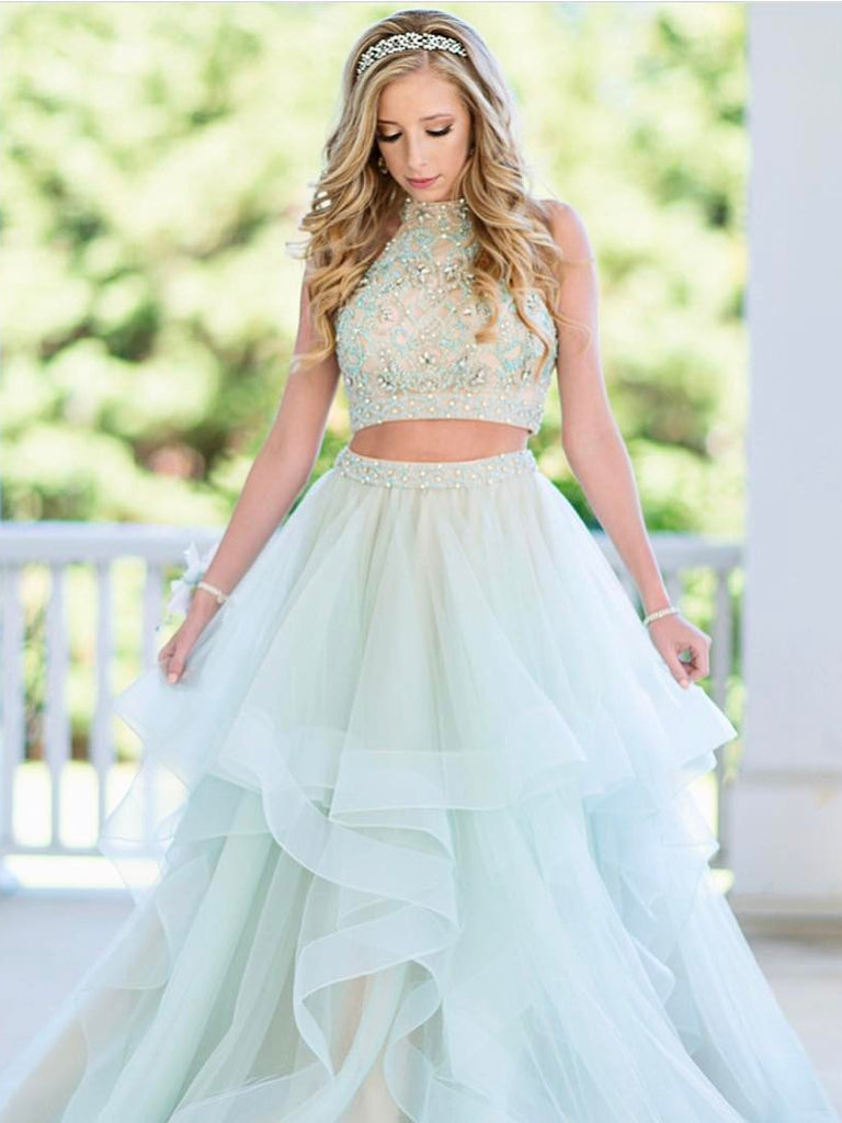  Two  Piece  Prom  Dresses  High Neck A Line Rhinestone Sexy 