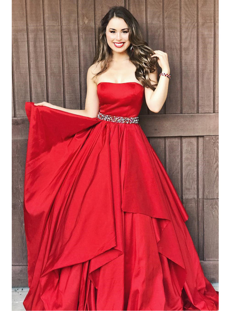 Red Prom Dresses Strapless Aline Floor-length Rhinestone Taffeta Prom