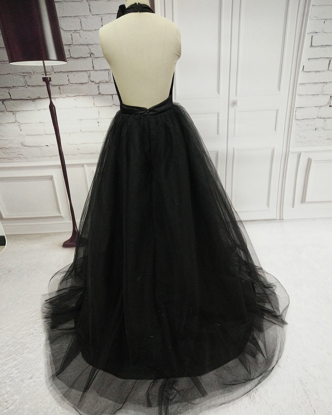 Black Prom Dresses Halter Backless Bowknot Tulle Sexy Prom Dress JKL74 ...