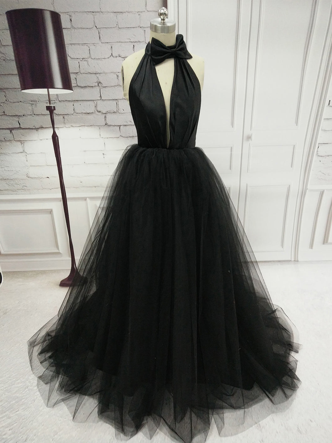 Black Prom Dresses Halter Backless Bowknot Tulle Sexy Prom Dress JKL74 ...