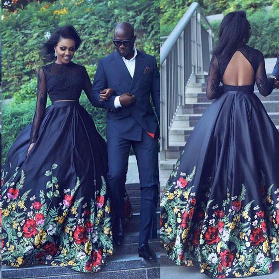 two piece black floral prom dress