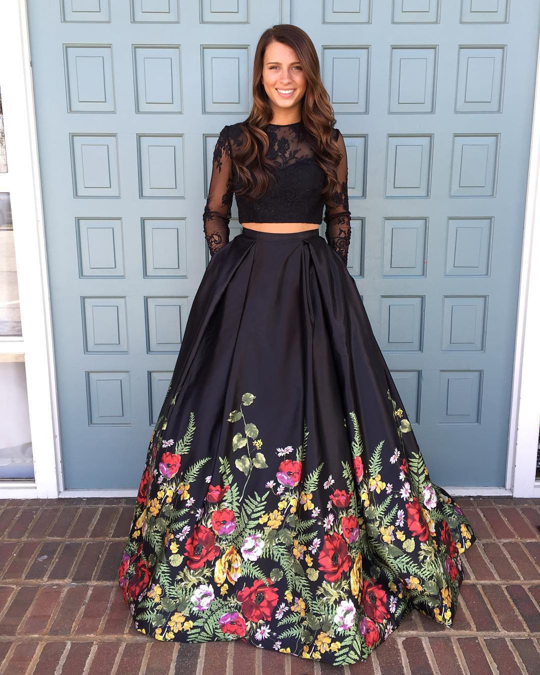 Two Piece Prom Dresses Lace Floral Print Black Prom Dress Sexy Evening Anna Promdress 0922