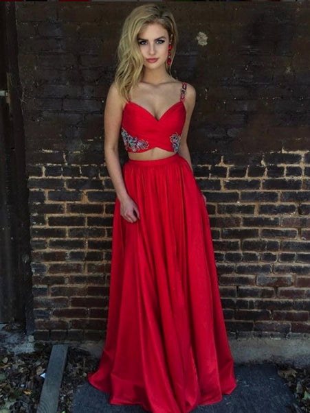 Two Piece Prom Dresses Spaghetti Straps A Line Appliques Long Red Prom Anna Promdress 