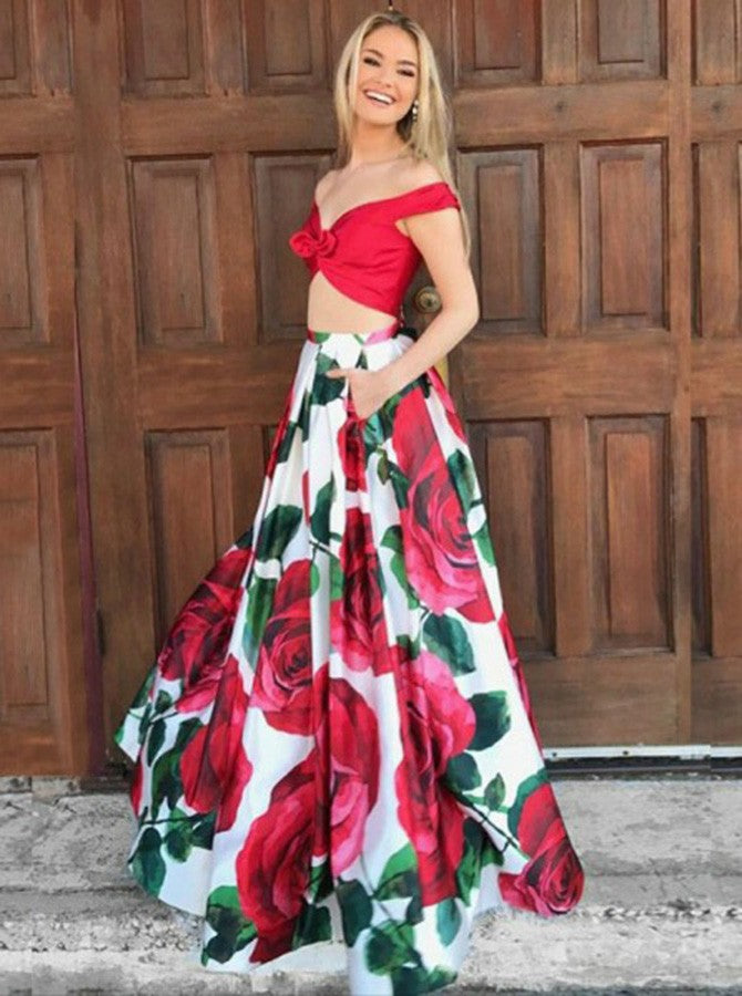 Two Piece Prom Dresses Floral Print Long Red Prom Dress Sexy Evening D Anna Promdress 