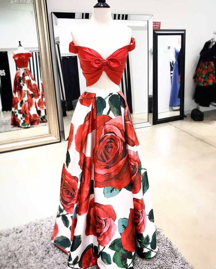 Two Piece Prom Dresses Floral Print Long Red Prom Dress Sexy Evening D ...