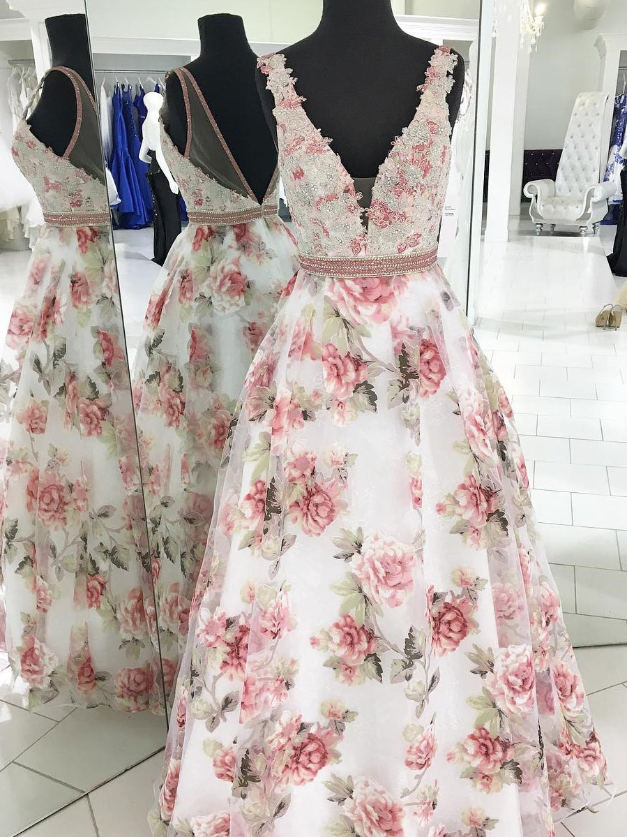 Floral Print Prom Dresses V Neck A Line Floor Length Organza Long Prom Anna Promdress 2112