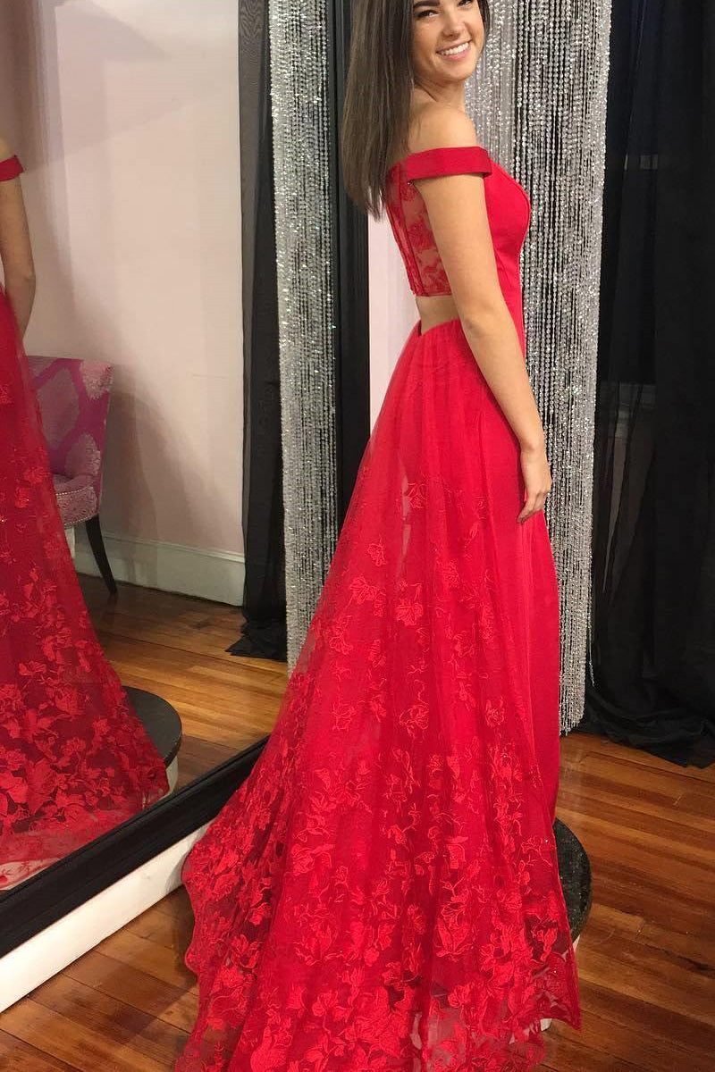Red Prom Dresses Off The Shoulder Sheath Lace Long Slit Prom Dress Jkl Anna Promdress 
