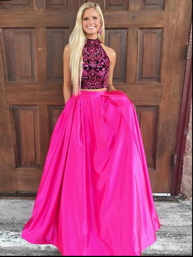 Two Piece Prom Dresses High Neck A Line Rhinestone Long Fuchsia Sexy P Anna Promdress 