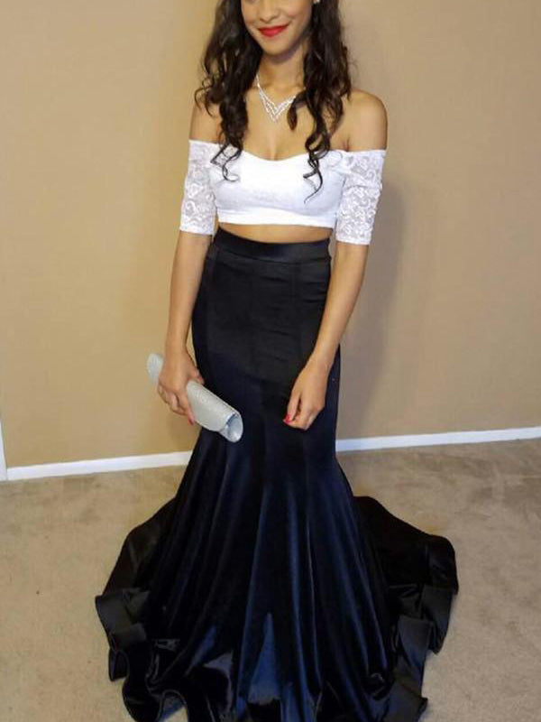 black and white two piece prom dress