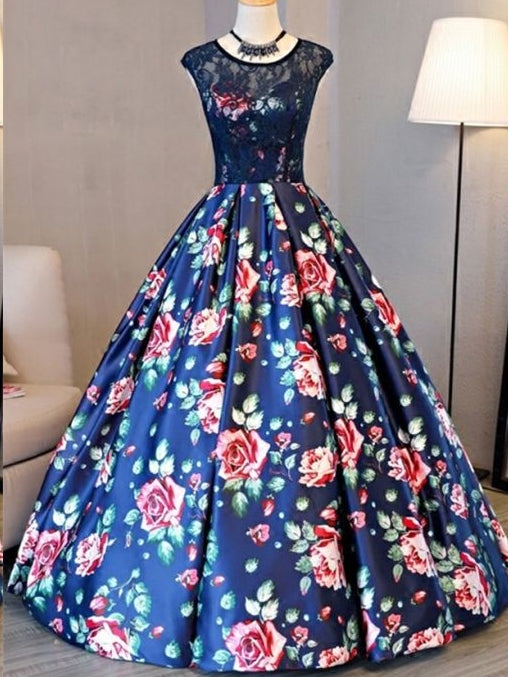 Ball Gown Prom Dresses Scoop Lace Floral Print Floor-length Chic Prom ...