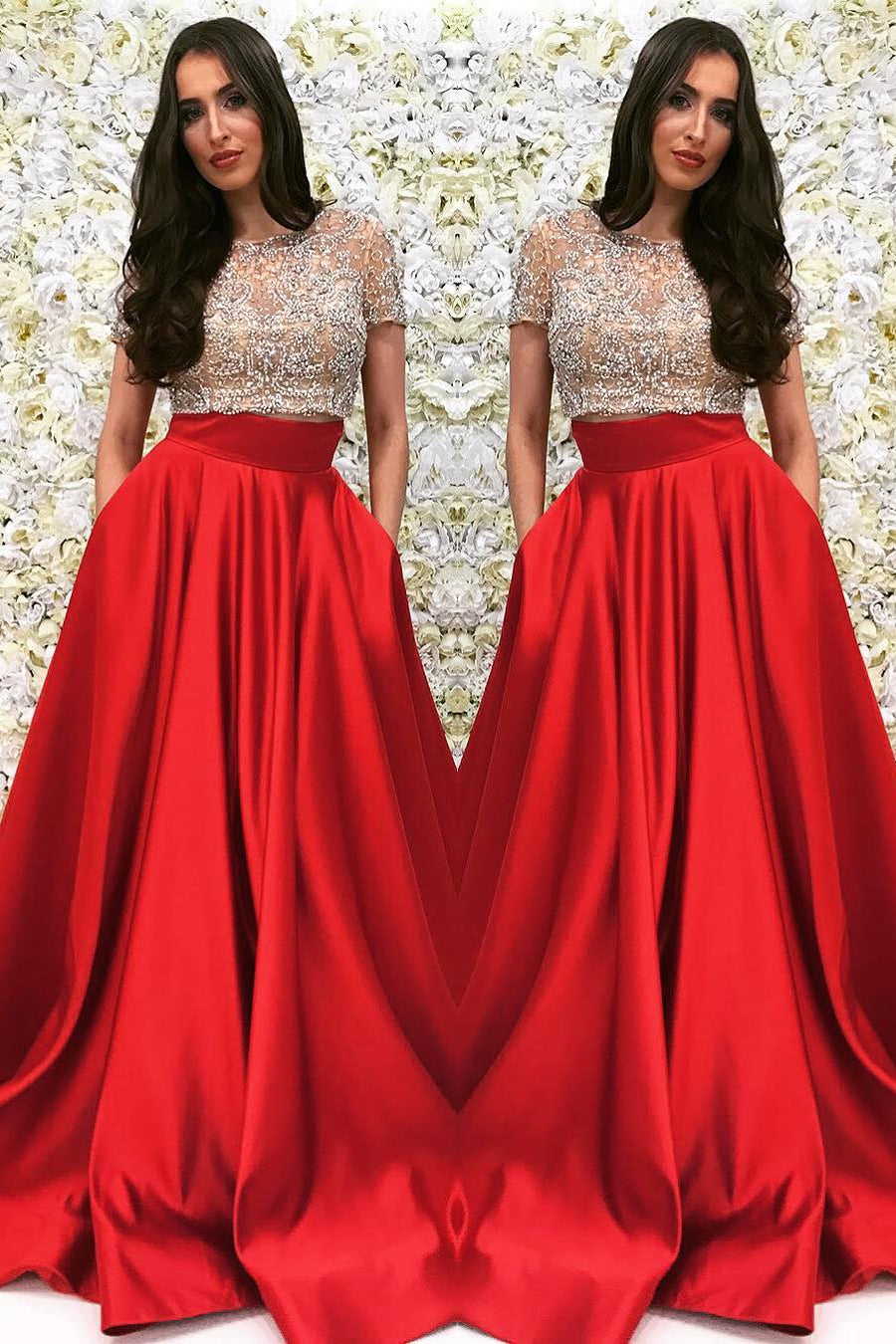 Two Piece Prom Dresses Scoop A Line Sexy Long Red Prom Dress Jkl810 9303