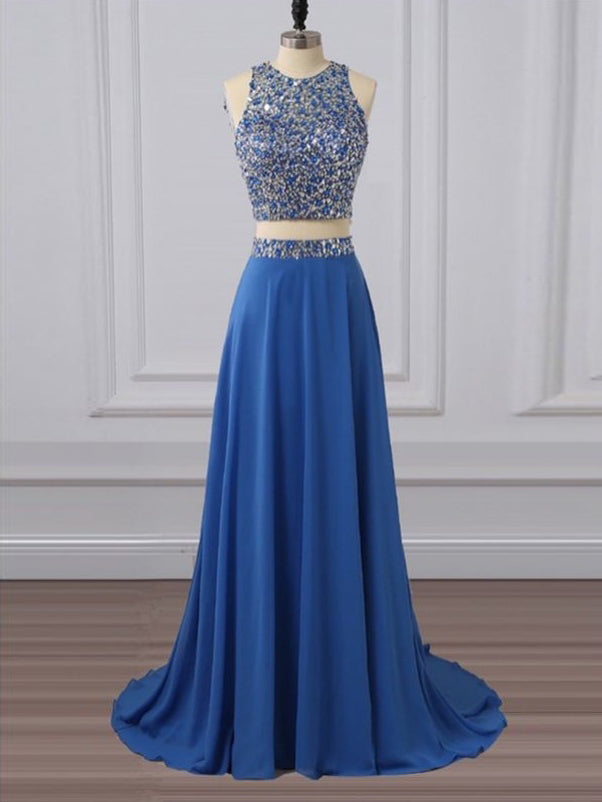 Two Piece Prom Dresses Scoop Sweep Train A Line Rhinestone Long Prom D ...