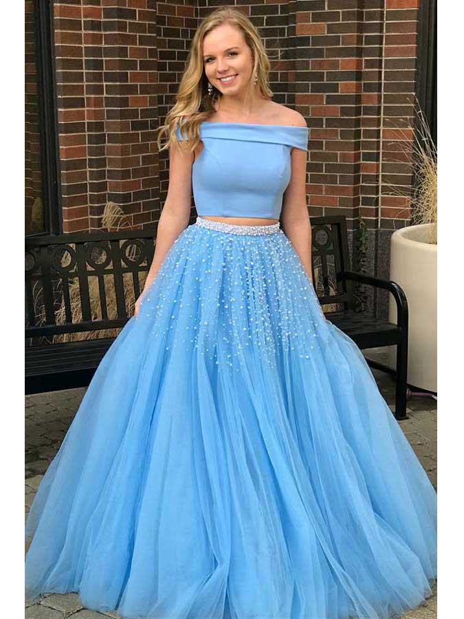 Two Piece Prom Dresses Off-the-shoulder A-line Long Chic Prom Dress JK ...