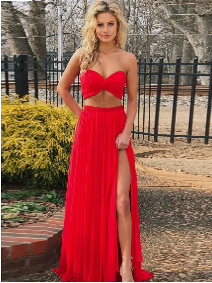 Two Piece Prom Dresses Sweetheart Floor Length Sexy Long Red Prom Dres Anna Promdress 
