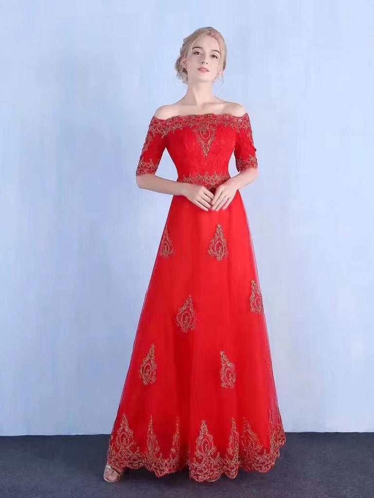 Red Prom Dresses Off The Shoulder Floor Length Appliques Sexy Prom Dre Anna Promdress 