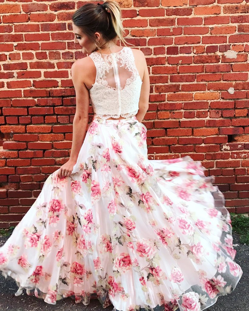 Two Piece Prom Dresses Scoop Floral Print Floor Length Lace Prom Dress Anna Promdress 