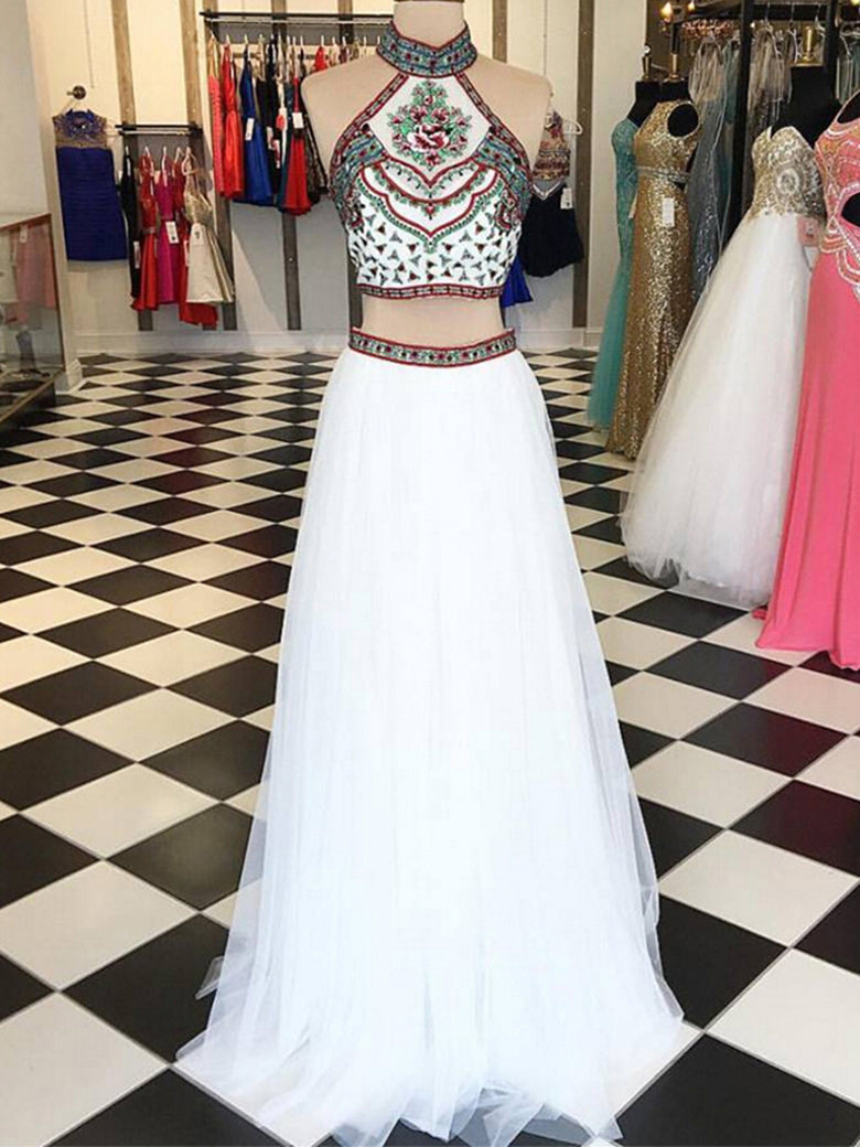 white high neck prom dress