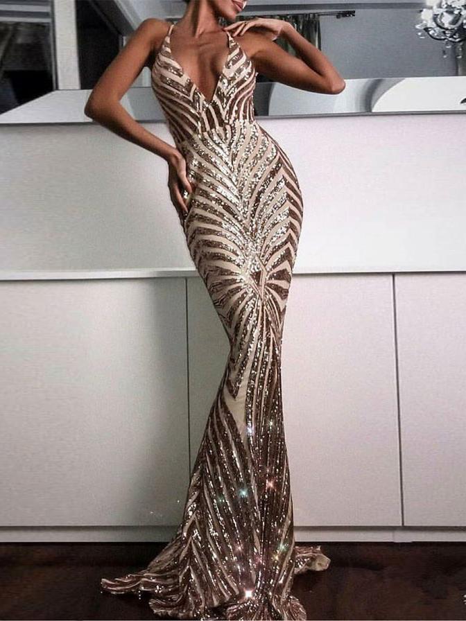 Luxury Prom Dresses Trumpet Mermaid Gold Halter Sparkly Long Prom Dres ...