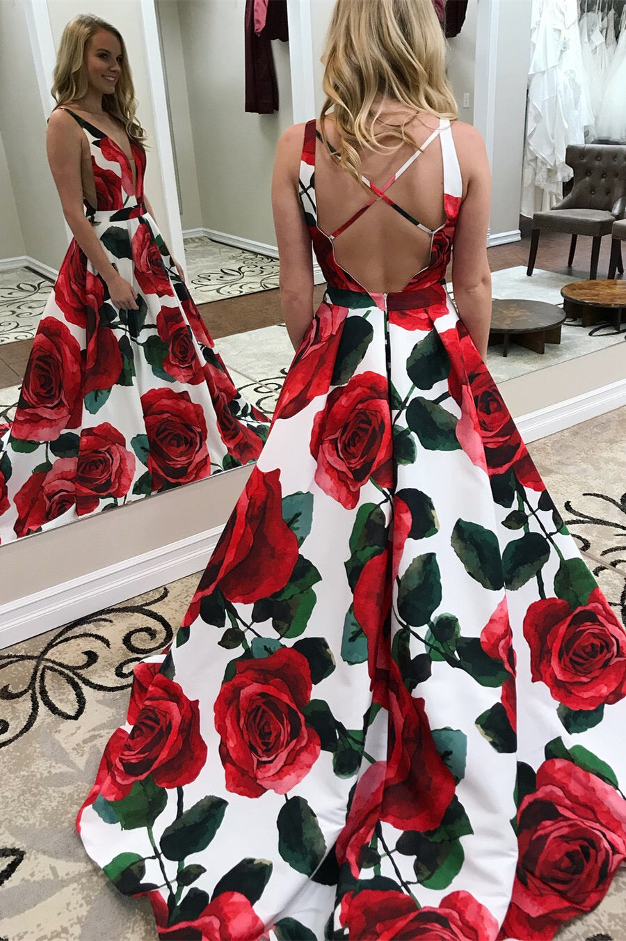 Open Back Prom Dresses A Line Straps Rose Floral Print Long Prom Dress ...