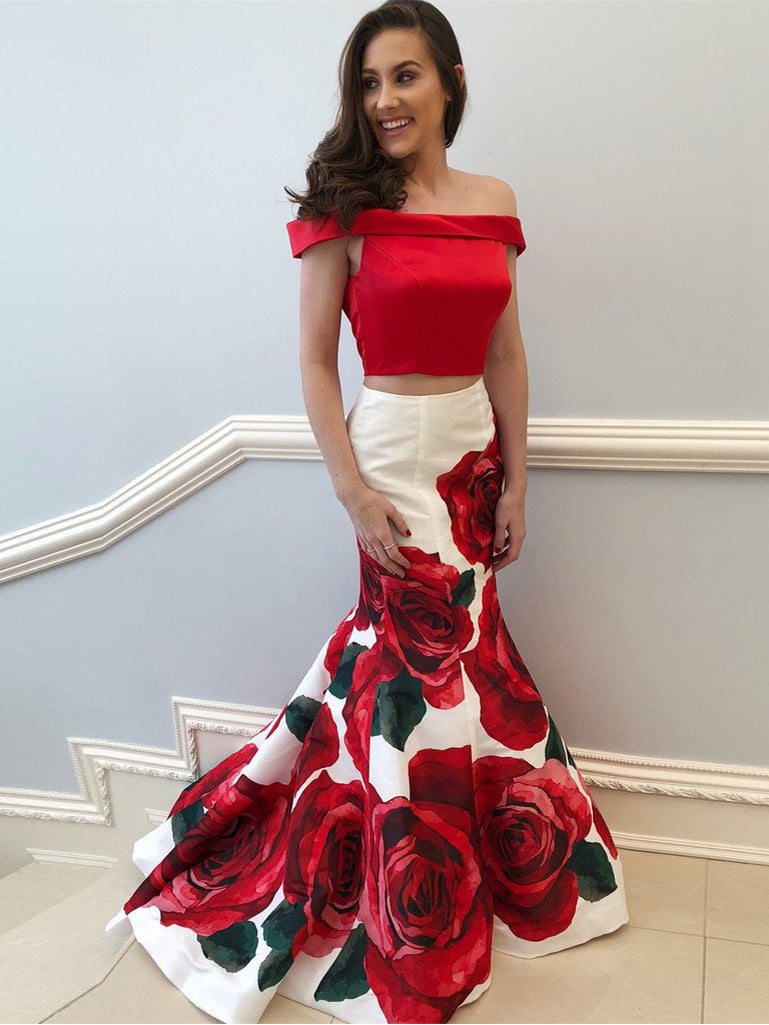 Two Piece Prom Dresses Trumpet Rose Floral Print Long ...
