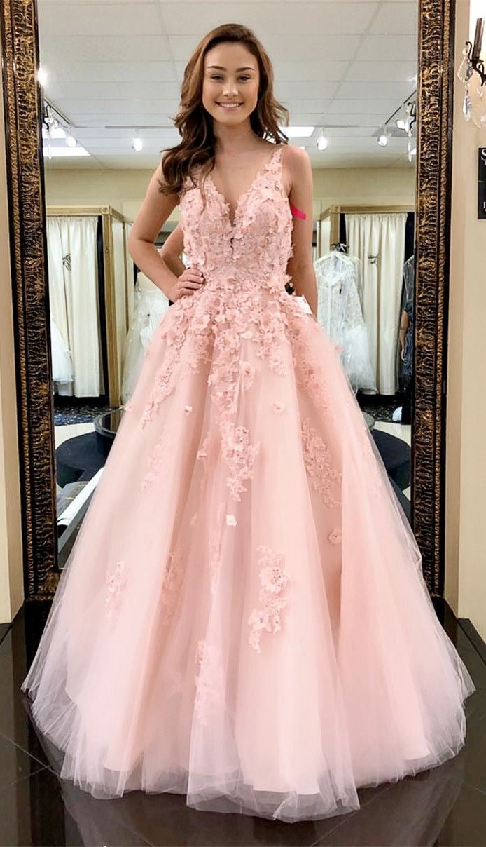 Beautiful Prom Dresses Straps V Neck A Line Pink Long Lace Prom Dress 1074