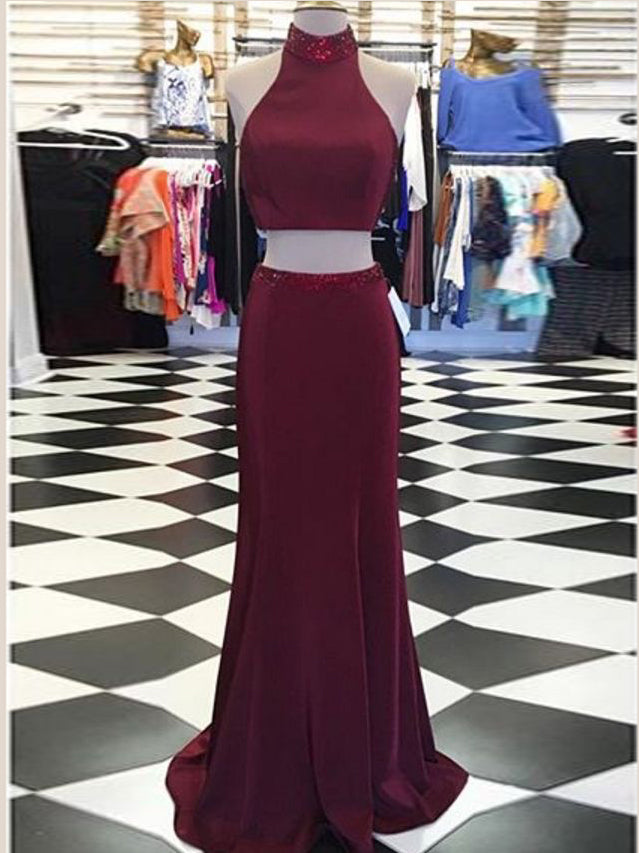 Two Piece Prom Dresses High Neck Sheath Long Burgundy Prom Dress JKL96 ...