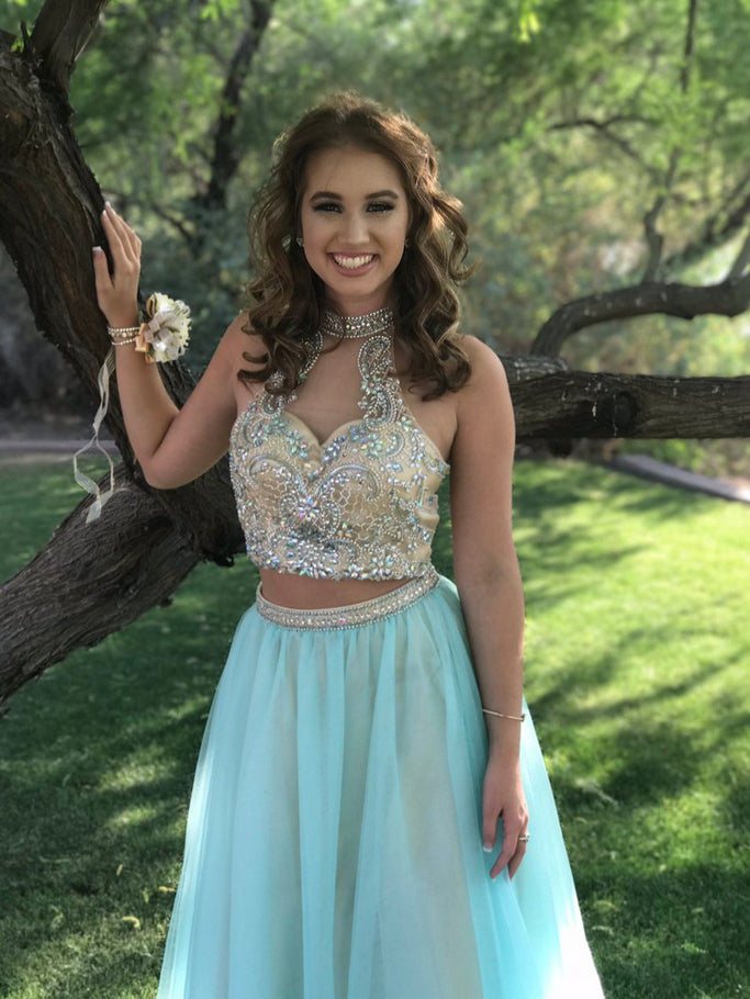 Two Piece Prom Dresses High Neck A-line Long Beading Chic Prom Dress J ...